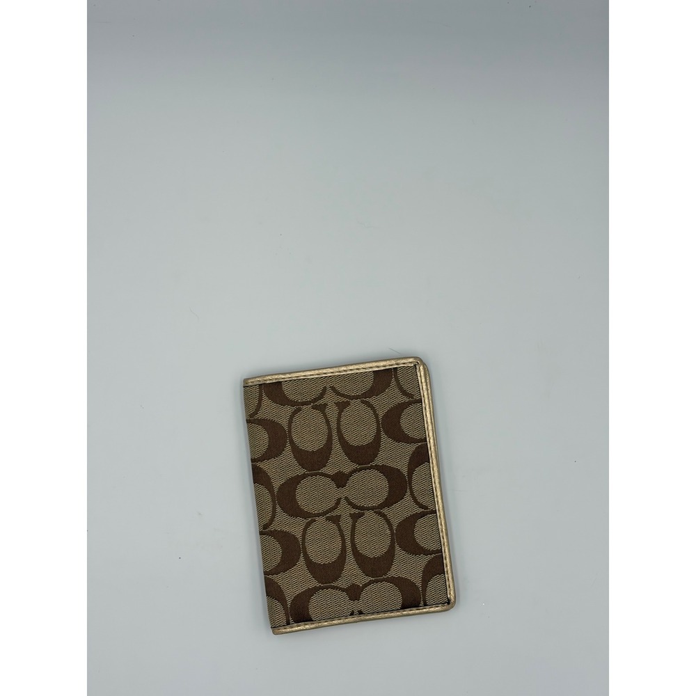 Coach Signature C Khaki Canvas Metallic Gold Leather Passport Holder Wallet